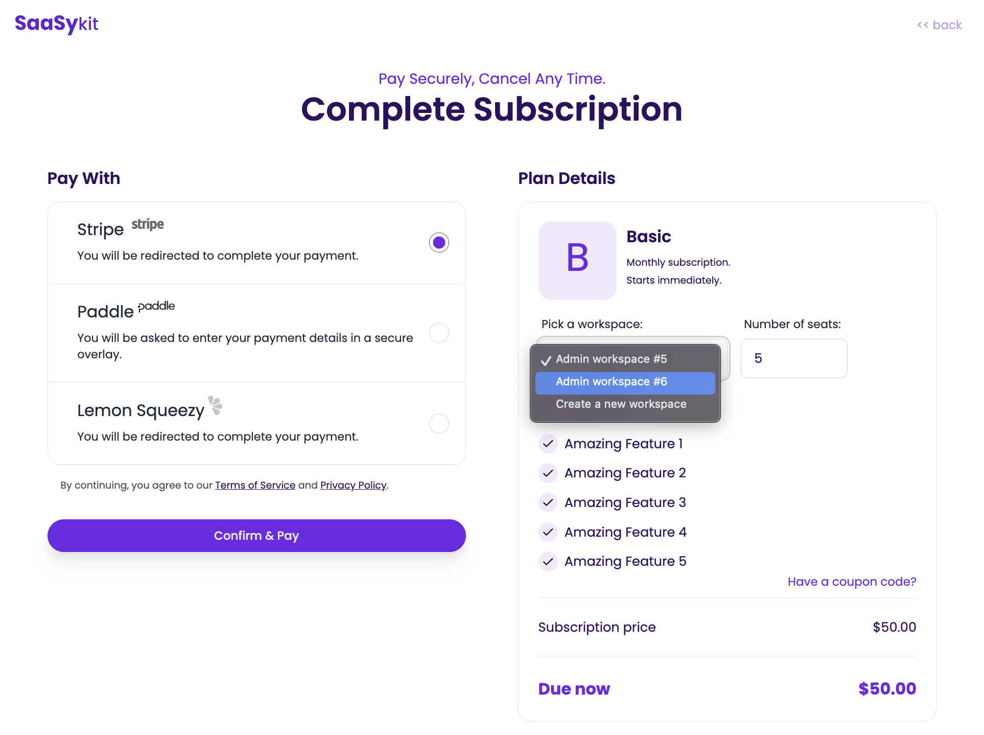 Checkout subscription pick workspace