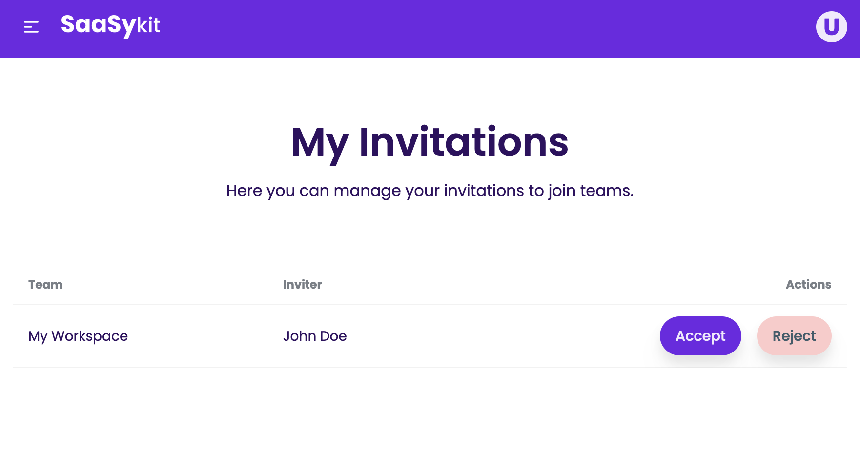 Invitations page