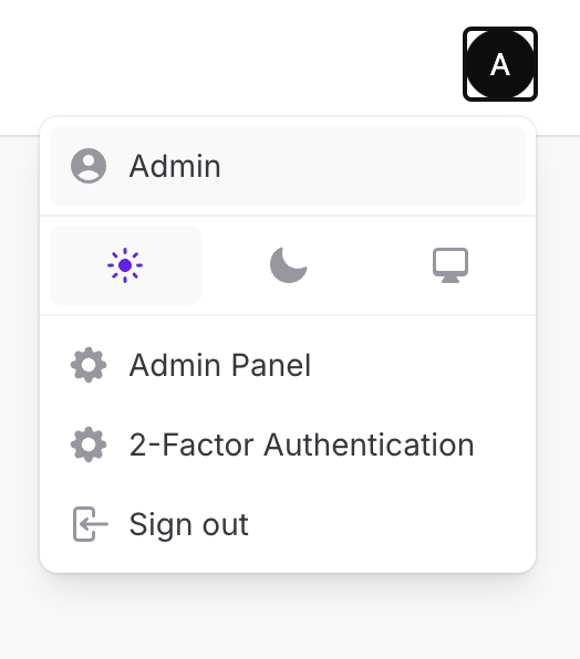 Two factor authentication dashboard menu