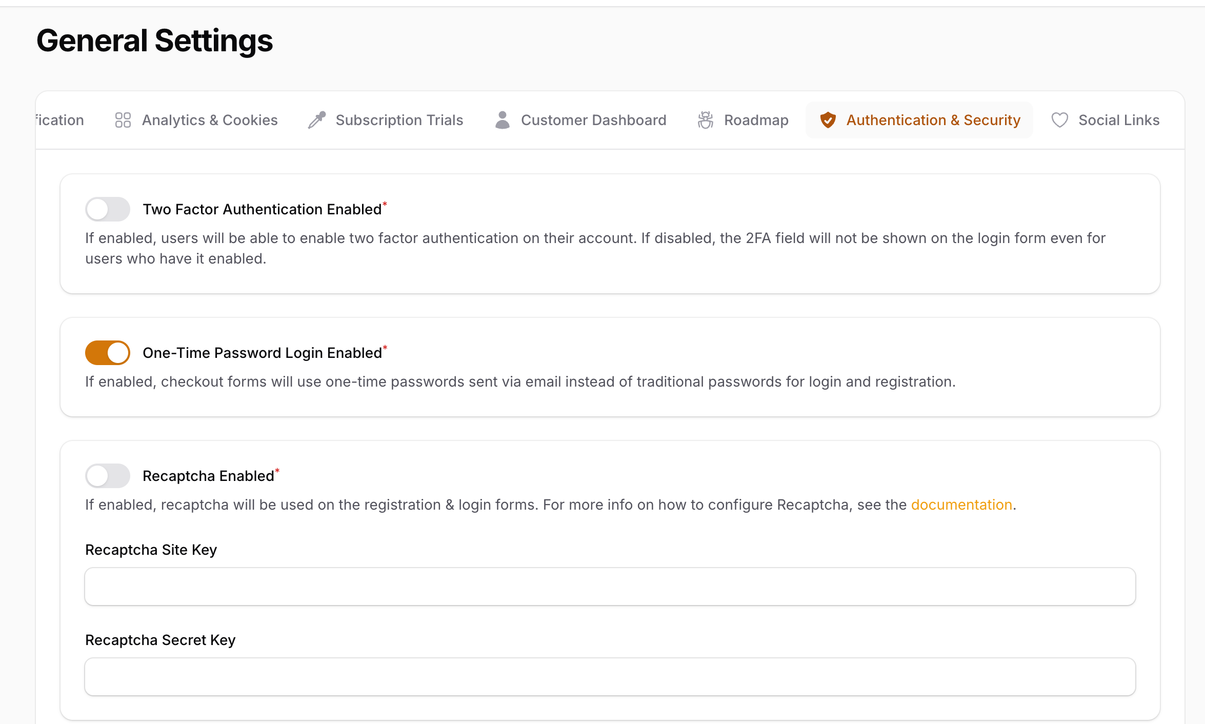 OTP settings in Admin Panel