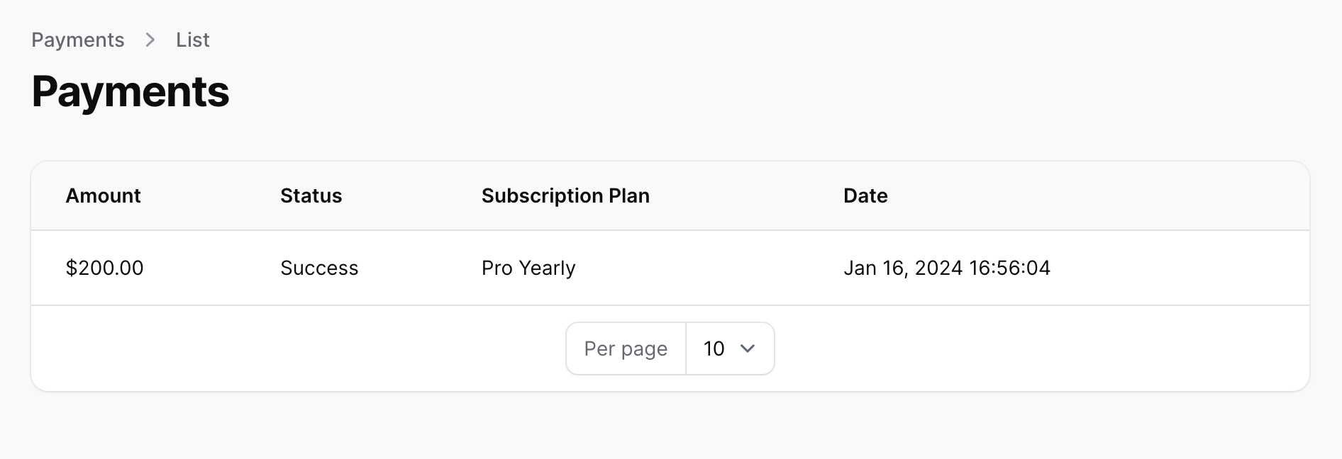 User Dashboard Payments